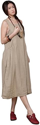 Artcar Casual Solid Home Summer Big Pockets Plain Day Loose Long Dress Camel