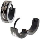 316L Stainless Steel Black Hinged Snap Huggie Earrings with Gothic Medieval Print - 14mm Length, 4mm Width - Sold as a Pair