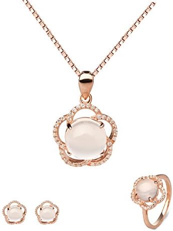18K Rose Gold Plated Sterling Silver Natural White Jade Pendant Necklace, Rings, Earrings 18" YBJ-111
