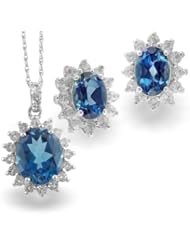 925 Sterling Silver Oval London Blue Topaz and White Topaz Pendant and Earrings Set