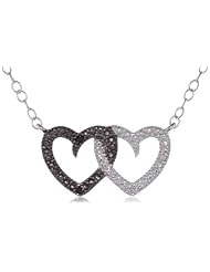 Sterling Silver Black and White Diamond Accent Double Heart Pendant Necklace (0.01 cttw, H-I Color, I1-I2 Clarity), 18"
