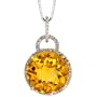 14k White Gold 18 in. Box Chain & 7/8 in. (22mm) tall Round Pendant, w/ 0.15 Carat Brilliant Cut Diamonds & 5.88 Carats (12mm) Brilliant Cut Citrine Stone