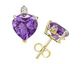 5mm Heart Amethyst and Diamond Stud Earrings in 14K Yellow Gold