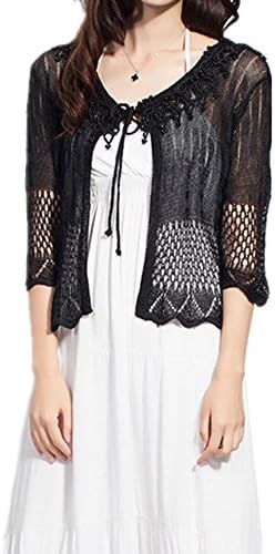 Chancen Women's Cropped Sleeve Open Front Crochet Lace Cardigan (Black)
