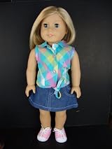 2pc Summer Outfit Blue and Pink Plaid Sleeveless Shirt and Jean Skirt Designed for 18 Inch Doll Like the American Girl Dolls Shoes Sold Seperately
