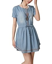 General Print Short Sleeves Cotton/Denim Vintage  Dress With a Sash 