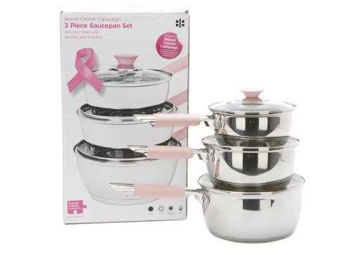 Breast Cancer Campaign 3-Piece Stainless Steel Saucepan Set with Pink Handles and Glass Lids