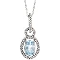 14k White Gold 18" Thin Chain & 9/16" (15mm) tall Stone Pendant, w/ 0.13 Carat Brilliant Cut Diamonds & Oval Cut (7x5mm) Aquamarine Stone