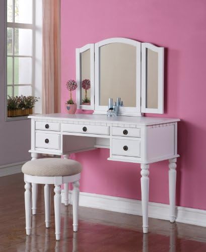 3 pc White finish wood make up bedroom vanity set with curved legs stool and tri fold mirror with multiple drawers