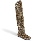 Nature Breeze Womens VICKIEHI Closed Round Toe Slouchy Animal Print Leopard Thigh High Over The Knee Flat Boot Shoes, Tan Camel Black Faux Suede, 6 B (M) US