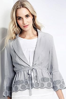 Linen Blend Tie Front Embroidered Jacket