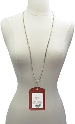 Cavelio ID Lanyard Leather Badge Holder with Chain Neck Strap (Burgundy)