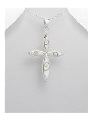 Cross Shell Pendant Necklace In 92.5 Sterling Silver