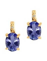3.11 Ct Oval Blue Tanzanite and White Diamond 18k Yellow Gold Earrings