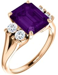 10K Rose Gold 10.00x8.00mm Emerald Cut Amethyst and Diamond Ring -- LIFETIME WARRANTY