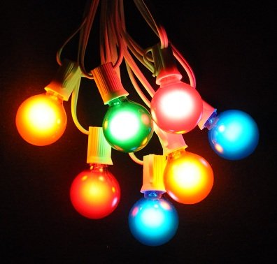 50 Foot Globe Patio String Lights - Set of 50 G40 Assorted Satin Pearl (R,O,G,B,P) Bulbs with White Cord