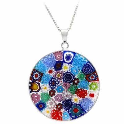 Sterling Silver Millefiori Flower Murano Glass Circle Pendant