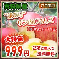 ２ケース注文で【送料無料】青森県産・訳ありサンふじ3kg（9～12玉）