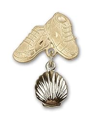 14kt Gold Baby Badge with Shell Charm and Baby Boots Pin