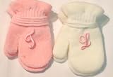 Set of Two Pairs of One Size Pink and White Magic Stress Mittens for Infants Ages 0-12 Months with Customer Chosen Pink Monogram Letters