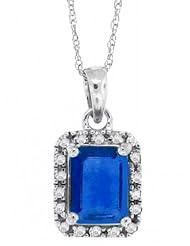 1.48ct Emerald Cut Genuine Sapphire Pendant with Diamonds,10Kt White Gold w/chain (AB Quality)