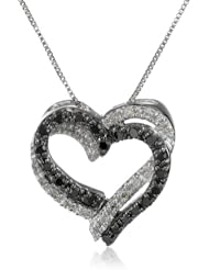 10k White Gold Double Heart Black and White Diamond Pendant Necklace (.2 cttw, I-J Color, I2-I3 Clarity), 18"
