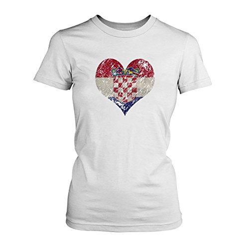 EM 2016 I Love Croatia – Damen T-Shirt von Fashionalarm | Shirt für Fußball Fans | Print im Vintage Destroyed Used Look | Europameisterschaft Europameister Trikot Herz Kroatien, Farbe:weiß;Größe:M
