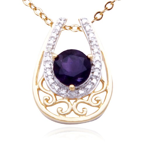 18k Yellow Gold Plated Sterling Silver Amethyst and Diamond Accent Horseshoe Pendant, 18