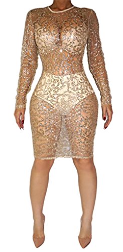 Womens Sexy Long Sleeve See Through Sequins Bodycon Party Club Split Dress (XXL, khaki)