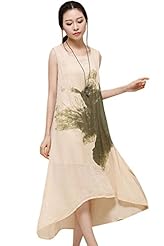 General Print High-Low-Hem Sleeveless Cotton/Linen Vintage Midi Dress 
