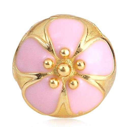 Hoobeads Cherry Blossom Gold Plated 925 Sterling Silver Charm Clip Stoppers Beads Pandora Chamilia Biagi &amp; European Bracelets Compatible (Pink Enamel Flower)