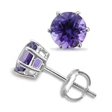 18k White Gold 6 Prong Natural Amethyst Stud Earrings, 1.50 cttw,Certificate of Authenticity, Screw Backs