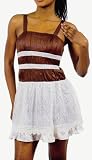 Sexy Brown and White Satiny Crochet Lace Cocktail Mini Dress S M L