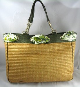 Gucci Handbags (Natural Straw) 153033 Positano Med. Tote Bag with Silk Flower Scarf