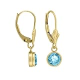 14K Yellow Gold 6 MM Blue Topaz Dangle Earrings