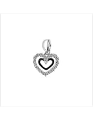 14k White Gold, Double Open Heart Pendant Charm with Lab Created Gems 14mm Wide
