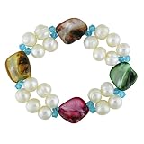 8-9 mm & 14-17 mm FW Pink, Gold, Brown and Green Pearl Bracelet with Turquoise Crystal Beads, 7"