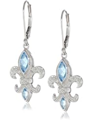 XPY 14k White Gold Blue Topaz and Diamond Fleur-de-Lis Earrings