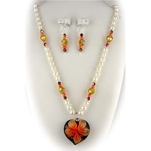 Murano Glass Orange Flower Heart Pendant Freshwater Pearls Sterling Silver Necklace Earrings 1306