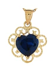 14k Gold Synthetic Sapphire September Birthstone Filigree Heart Charm