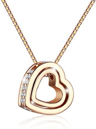 Liekkas LOVE You Forever Lettering Double Heart Elegant Crystal Pendant Necklace, Love Confession (Rose Gold)