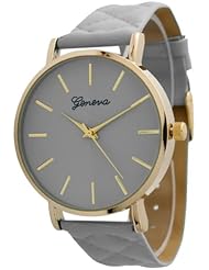 Womens Large Gold Trim Geneva Quilted Leather Watch - Grey