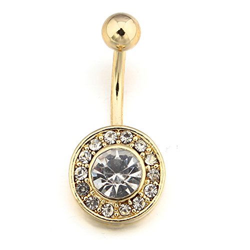 14K Gold Plated Crystal Gem Clear Rhinestone Belly Ring 14G