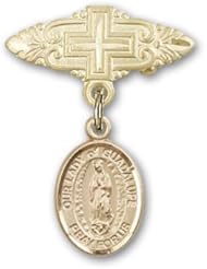 Gold Filled Baby Badge with Our Lady of Guadalupe Charm and Badge Pin with Cross