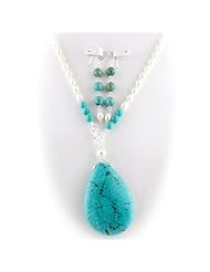 Turquoise Pendant Freshwater Pearl Lariat Sterling Silver Toggle Necklace Earrings Set