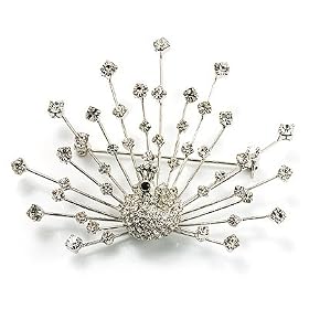 Dazzling Diamante Peacock Brooch (Silver Tone)