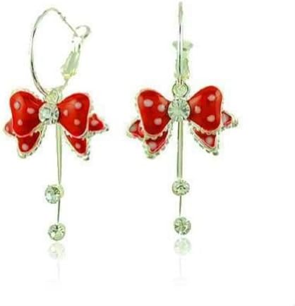 Polka Dot Bow Hoop Dangle Fashion Earrings with Rhinestones (Red)