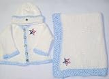 Knitted on Hand Knitting Machine Natural Chenille Hand Crochet Finished with Blue Chenille Infant Boys Cardigan, Hat Set Trimmed with Star American Flag and Matching Large Blanket