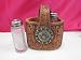 Salt and Pepper Shaker in Leather Woven Basket, Silver and Gold Trim with Horseshoe, Western Decor