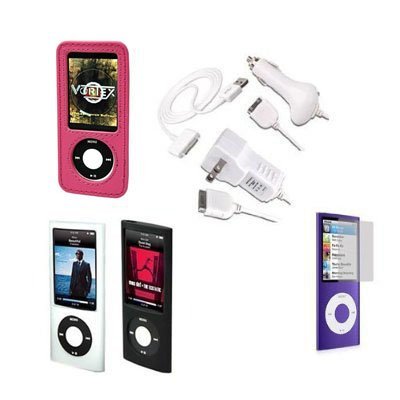 Premium Essential Accessory Bundle for iPod Nano 5th Generation: Pink Leather Case, Black Silicon Skin Case, Clear Silicon Skin Case, Travel Ac Home Charger, Auto Dc Car Charger, High Speed USB Data Cable, Transparent Screen Protector